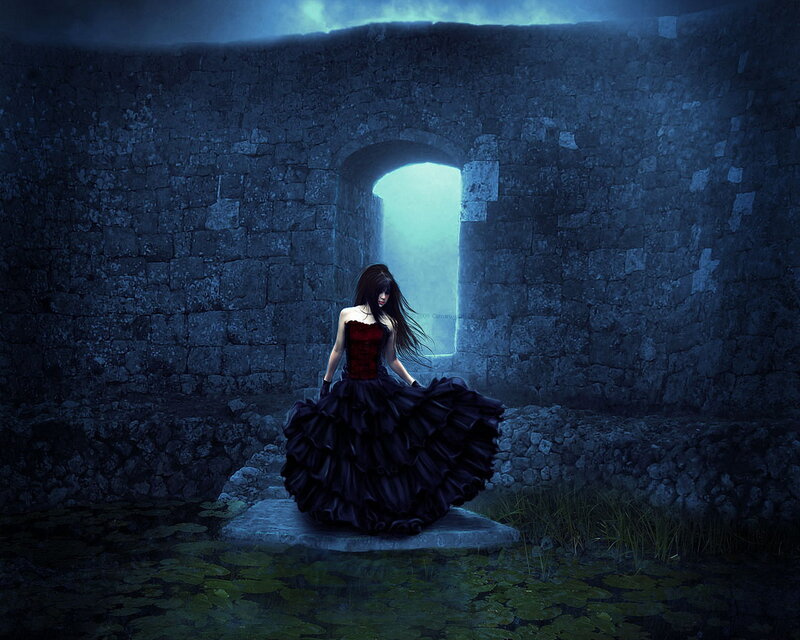 Woman in Black Dress — Blue, Dramatic, Night, Digital Art, Stone Wall, Archway