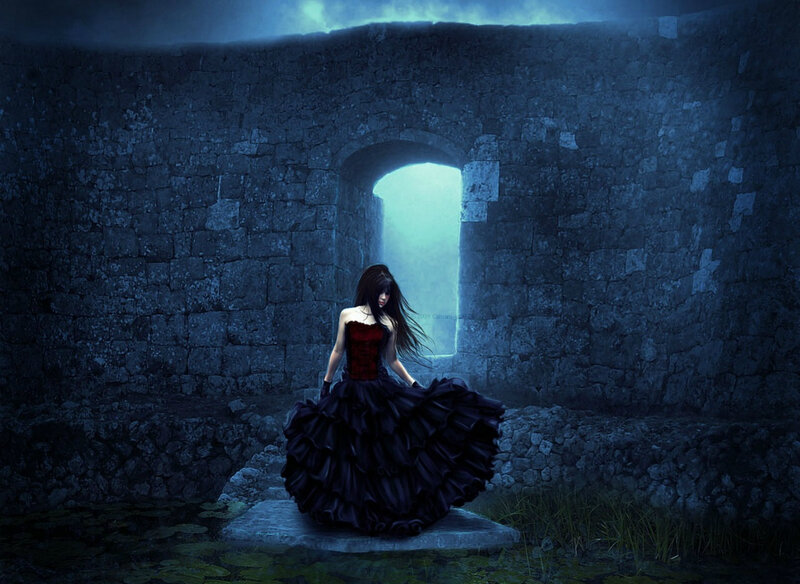 Woman in Black Dress — Blue, Dramatic, Night, Digital Art, Stone Wall