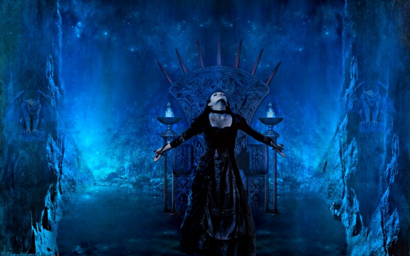Woman in Black Dress — Blue, Dramatic, Night, Digital Art, Throne