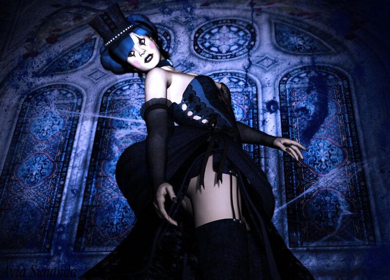 Woman in Black Dress — Blue, Dramatic, Night, Digital Art, Top Hat
