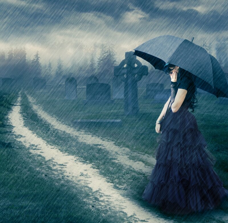 Woman in Black Dress — Blue, Dramatic, Night, Digital Art, Umbrella