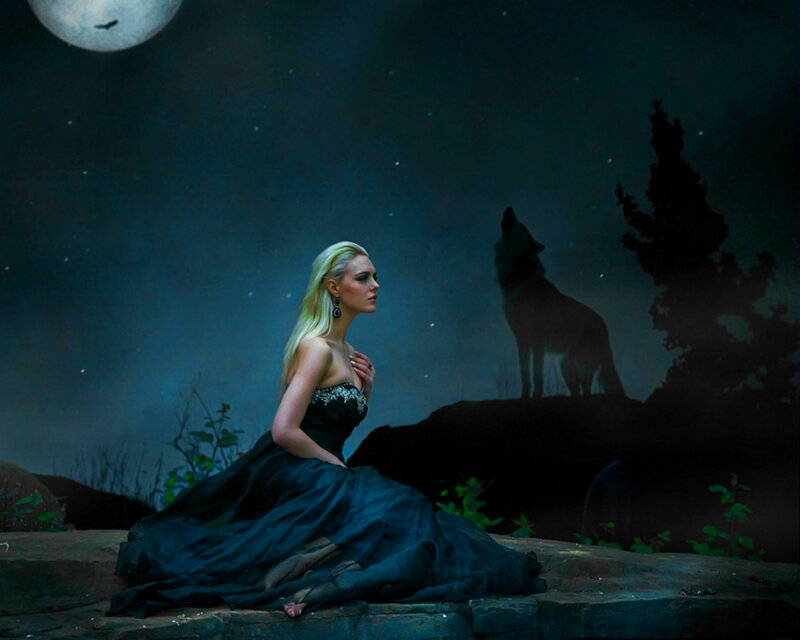 Woman in Black Dress — Blue, Dramatic, Night, Digital Art, Wolf, Moon