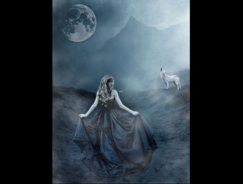 Woman in Black Dress — Blue, Dramatic, Night, Digital Art, Wolf