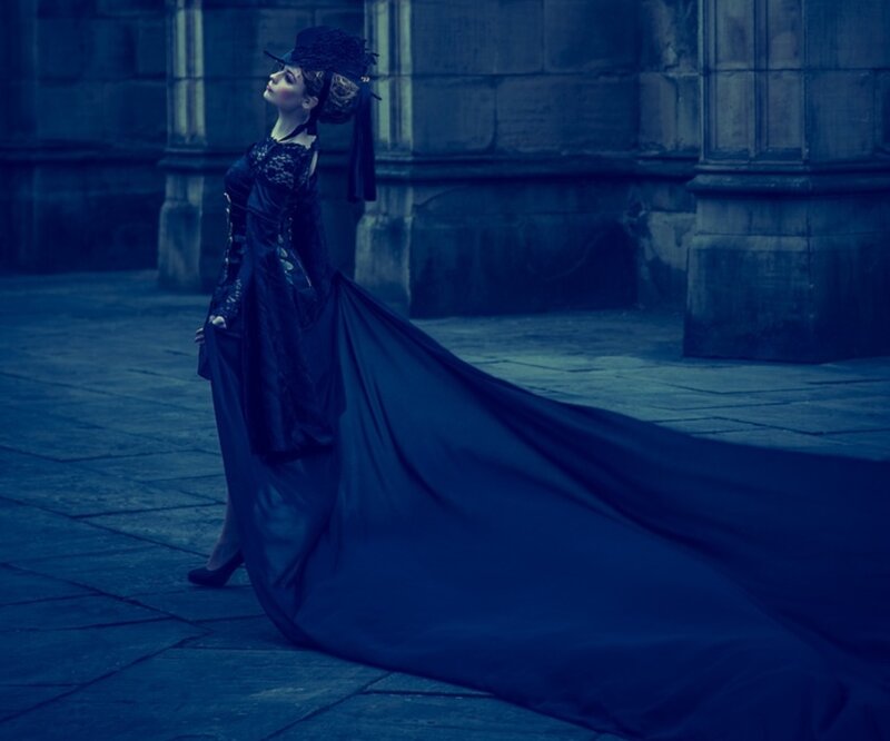 Woman in Black Dress — Blue, Dramatic, Night, Photograph, Hat