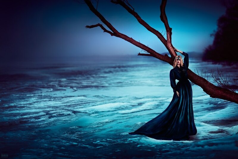 Woman in Black Dress — Blue, Dramatic, Night, Photograph, Tree