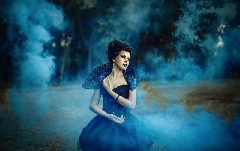 Woman in Black Dress — Blue, Dramatic, Photograph, Smoke
