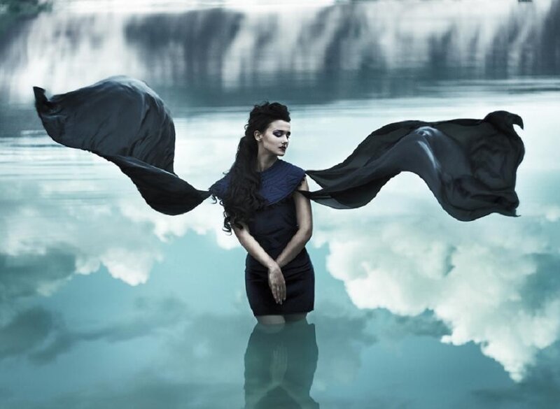 Woman in Black Dress — Blue, Dramatic, Photograph, Water, Clouds