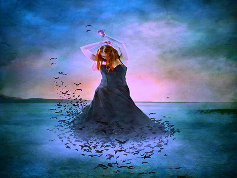 Woman in Black Dress — Blue, Dramatic, Sunset, Digital Art, Birds