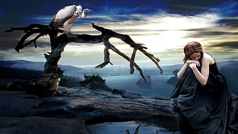 Woman in Black Dress — Blue, Dramatic, Sunset, Digital Art, Vulture, Tree
