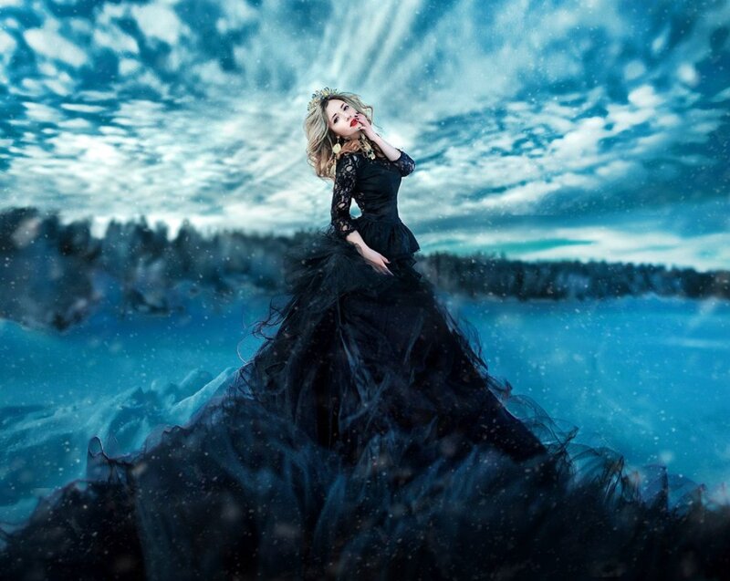 Woman in Black Dress — Blue, Dramatic, Winter, Digital Art, Crown
