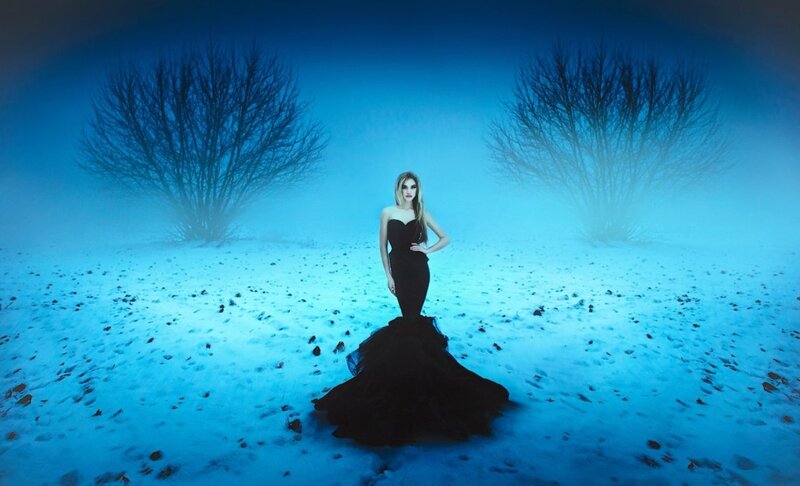 Woman in Black Dress — Blue, Dramatic, Winter, Photograph