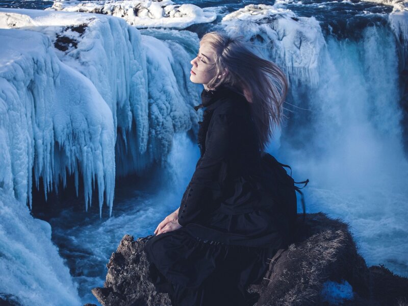 Woman in Black Dress — Blue, Dramatic, Winter, Photograph, Waterfall