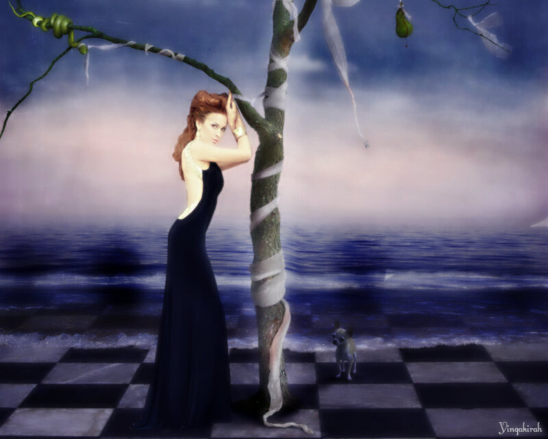 Woman in Black Dress — Blue, Dreamy, Night, Digital Art, Tree