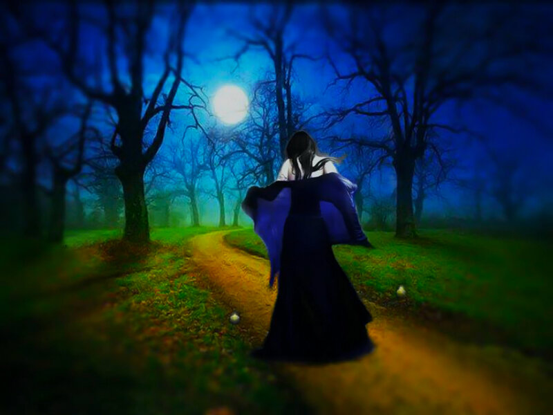 Woman in Black Dress — Blue, Mysterious, Night, Digital Art, Moon