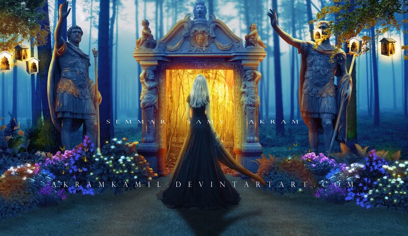 Woman in Black Dress — Blue, Mystical, Night, Digital Art, Statues