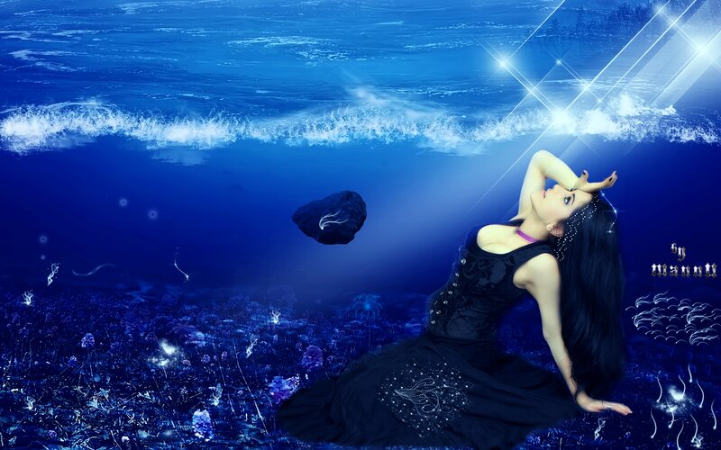 Woman in Black Dress — Blue, Serene, Digital Art