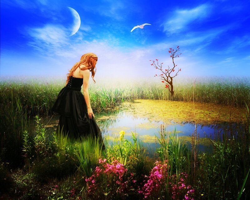 Woman in Black Dress — Blue, Serene, Night, Digital Art