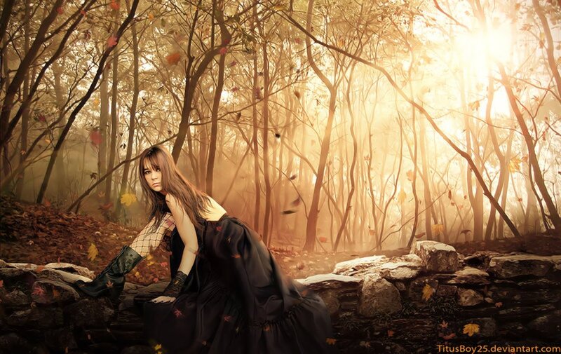 Woman in Black Dress — Brown, Dramatic, Autumn, Digital Art, Forest