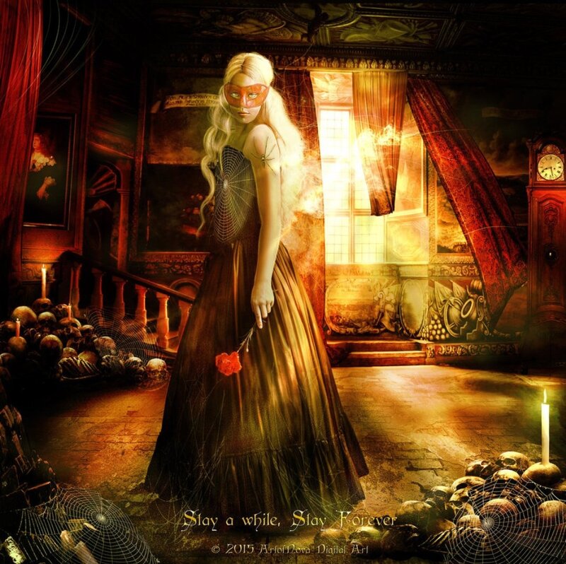 Woman in Black Dress — Brown, Dramatic, Night, Digital Art, Skulls