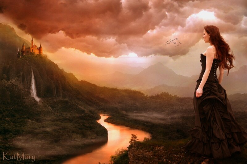 Woman in Black Dress — Brown, Dramatic, Sunset, Digital Art, Castle