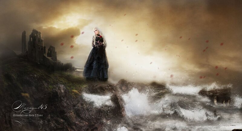 Woman in Black Dress — Brown, Dramatic, Sunset, Digital Art, Ruins