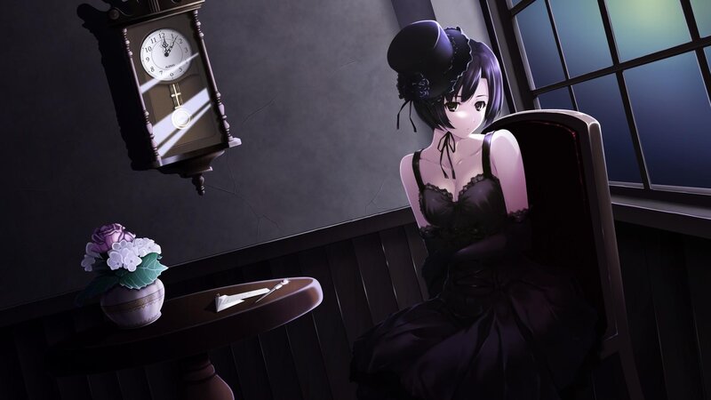 woman in black dress by window