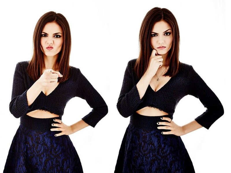 Woman in Black Dress — Confident, Photograph, Pointing