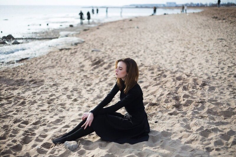 Woman in Black Dress — Contemplative, Afternoon, Photograph, Beach