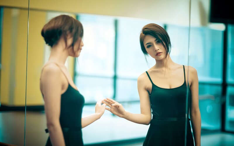 Woman in Black Dress — Contemplative, Photograph, Mirror, Studio