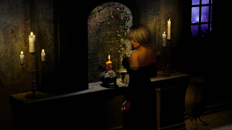 Woman in Black Dress — Dark, Night, 3d Render, Candles