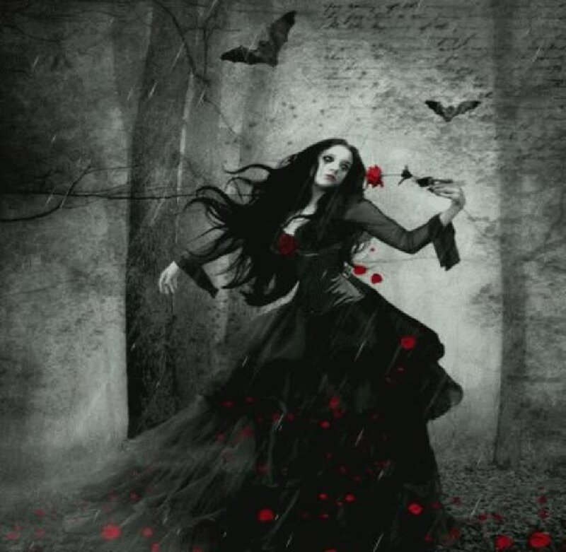 Woman in Black Dress — Dark, Night, Digital Art, Bats