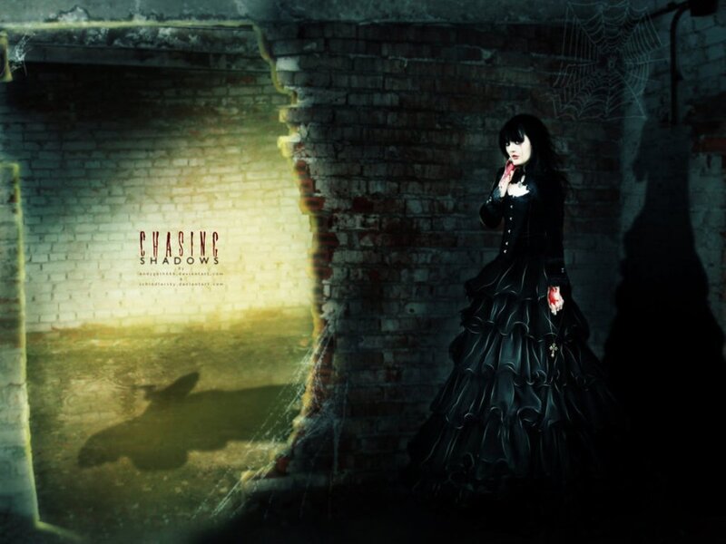 Woman in Black Dress — Dark, Night, Digital Art, Brick Wall