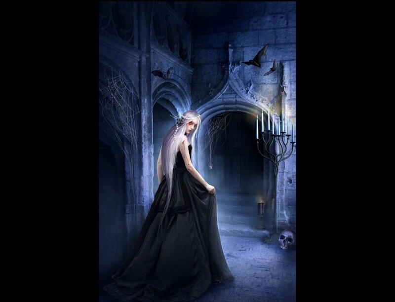 Woman in Black Dress — Dark, Night, Digital Art, Candlestick