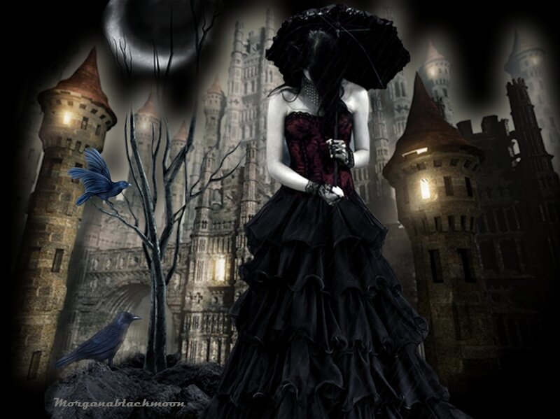 Woman in Black Dress — Dark, Night, Digital Art, Castle