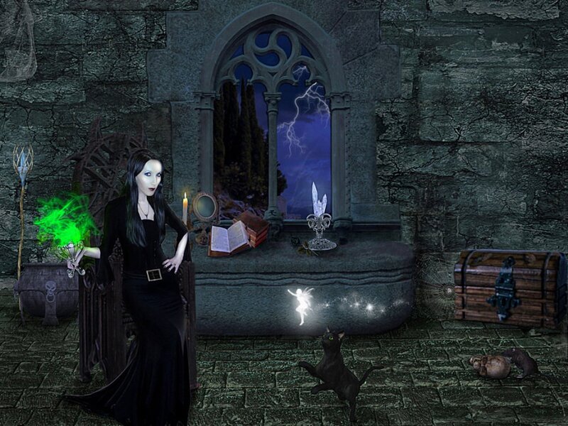 Woman in Black Dress — Dark, Night, Digital Art, Cat