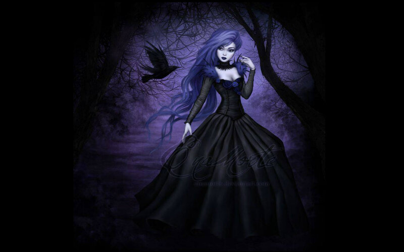 Woman in Black Dress — Dark, Night, Digital Art, Crow, Forest
