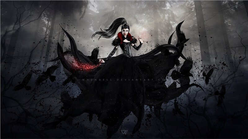 Woman in Black Dress — Dark, Night, Digital Art, Crows, Forest, Skull