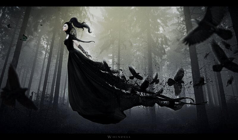 Woman in Black Dress — Dark, Night, Digital Art, Crows, Forest