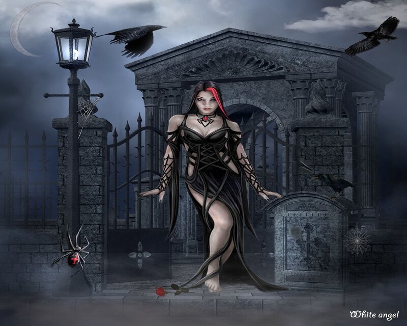 Woman in Black Dress — Dark, Night, Digital Art, Crows, Gravestone