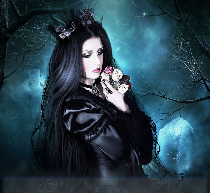 Woman in Black Dress — Dark, Night, Digital Art, Flowers, Tree Branches