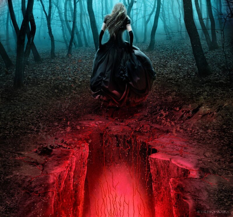 Woman in Black Dress — Dark, Night, Digital Art, Forest, Chasm