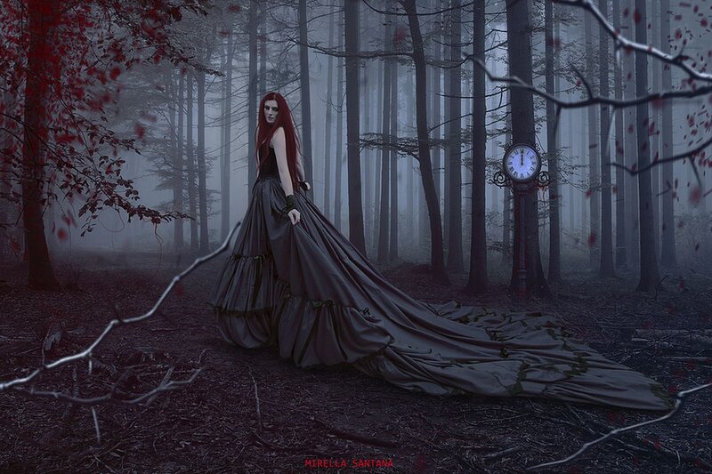 Woman in Black Dress — Dark, Night, Digital Art, Forest, Clock