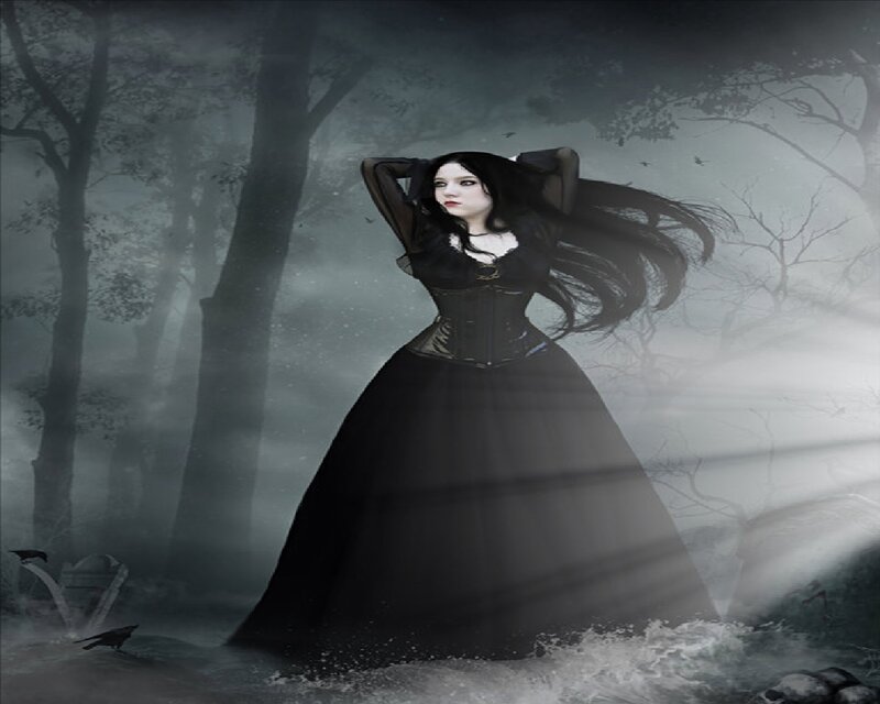 Woman in Black Dress — Dark, Night, Digital Art, Forest, Crows