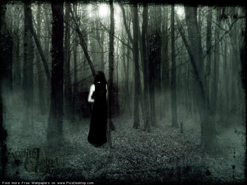 Woman in Black Dress — Dark, Night, Digital Art, Forest, Trees, Mist