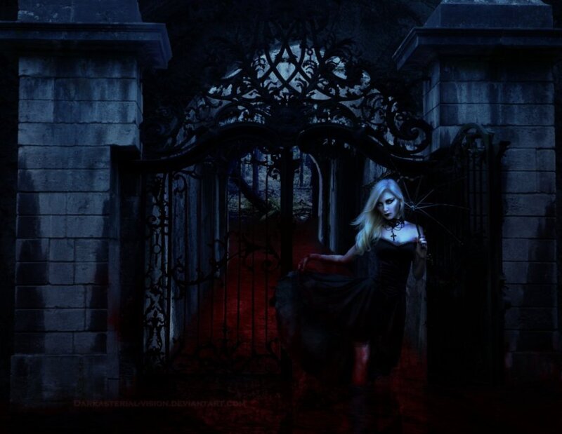 Woman in Black Dress — Dark, Night, Digital Art, Gate