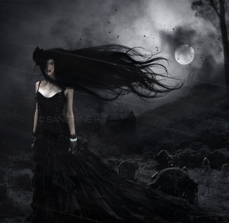 Woman in Black Dress — Dark, Night, Digital Art, Moon