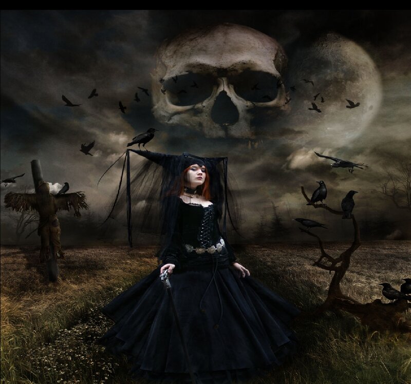 Woman in Black Dress — Dark, Night, Digital Art, Skull, Crows