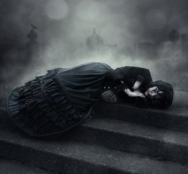 Woman in Black Dress — Dark, Night, Digital Art, Skull, Steps