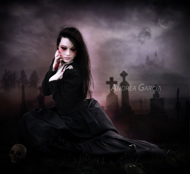 Woman in Black Dress — Dark, Night, Digital Art, Skull