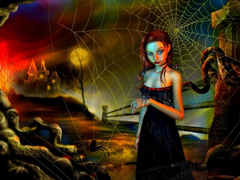 Woman in Black Dress — Dark, Night, Digital Art, Spider Web